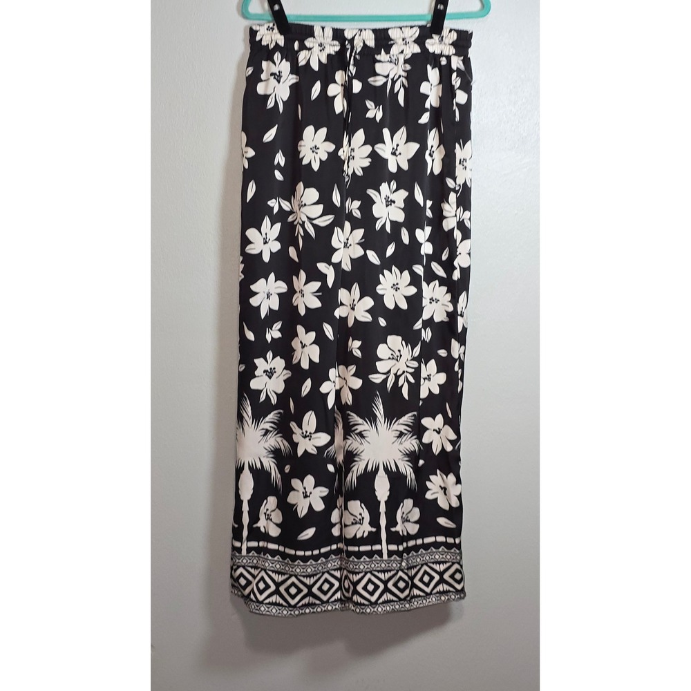 House of Harlow 1960 Wide Leg Pants L Black White Tropical Floral Palm Print